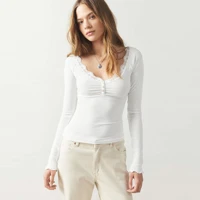 White Solid V-Neck Lace Top Slim Fit Long Sleeve Elegant Blouse for Casual Office Evening Wear Women's Fashion — view 1
