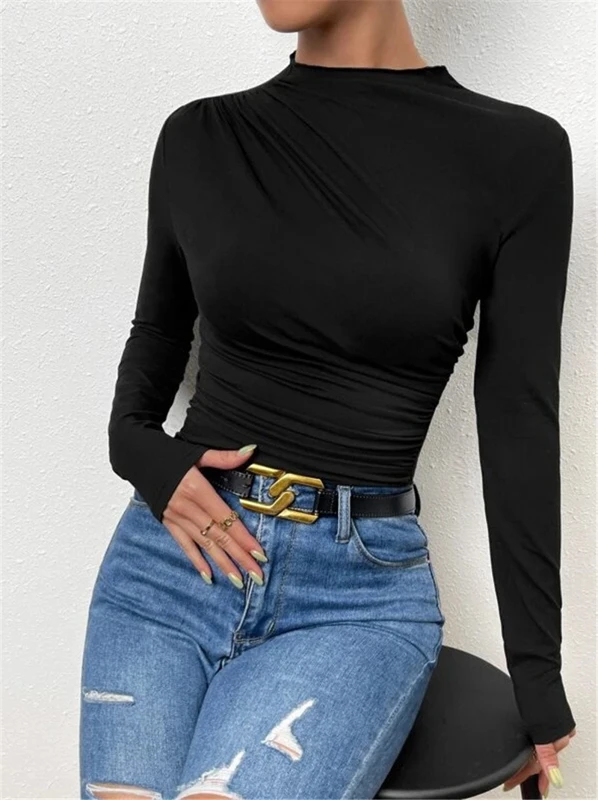 Cream Draped Mock Neck Top Slim Fit Long Sleeve Elegant Blouse for Office Casual Evening Wear Women Professional Business Attire — view 1