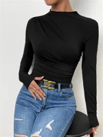 Cream Draped Mock Neck Top Slim Fit Long Sleeve Elegant Blouse for Office Casual Evening Wear Women Professional Business Attire — view 1
