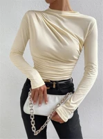Cream Draped Mock Neck Top Slim Fit Long Sleeve Elegant Blouse for Office Casual Evening Wear Women Professional Business Attire — view 2