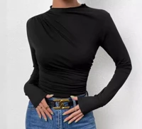 Cream Draped Mock Neck Top Slim Fit Long Sleeve Elegant Blouse for Office Casual Evening Wear Women Professional Business Attire — view 4