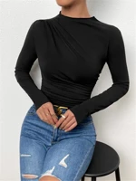Cream Draped Mock Neck Top Slim Fit Long Sleeve Elegant Blouse for Office Casual Evening Wear Women Professional Business Attire — view 5