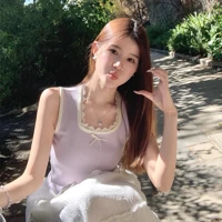 Blue Lace Detail U Neck Tank Top Sleeveless Slim Fit Casual Summer Blouse for Daily and Party Wear Women — view 2