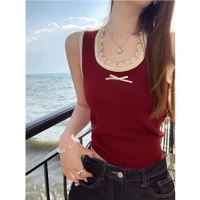 Blue Lace Detail U Neck Tank Top Sleeveless Slim Fit Casual Summer Blouse for Daily and Party Wear Women — view 3