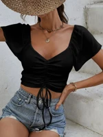 Women's Solid Ruched Crop Top Stretch Fabric Gathered Detailing Casual Party Wear All Seasons Comfortable Fit — view 3