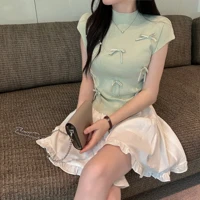 Light Green Bow Detail Mock Neck Crop Top Sleeveless Slim Fit Elegant Blouse for Casual and Party Wear Women Summer Fashion — view 1