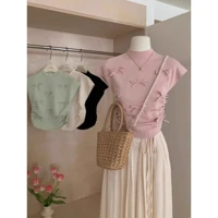Light Green Bow Detail Mock Neck Crop Top Sleeveless Slim Fit Elegant Blouse for Casual and Party Wear Women Summer Fashion — view 3