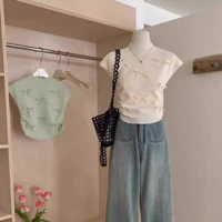 Light Green Bow Detail Mock Neck Crop Top Sleeveless Slim Fit Elegant Blouse for Casual and Party Wear Women Summer Fashion — view 5