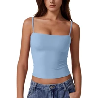 Light Blue Cami Crop Top Sleeveless Spaghetti Strap Casual Summer Tank Women's Cotton Blend Fitted Ribbed Neckline — view 1