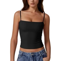 Light Blue Cami Crop Top Sleeveless Spaghetti Strap Casual Summer Tank Women's Cotton Blend Fitted Ribbed Neckline — view 2