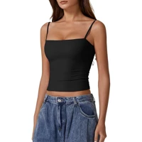 Light Blue Cami Crop Top Sleeveless Spaghetti Strap Casual Summer Tank Women's Cotton Blend Fitted Ribbed Neckline — view 3