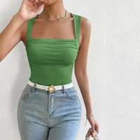 Women's Ribbed Square Neck Short Sleeve Top Slim Fit Cotton Blend Casual Lightweight Breathable Everyday Wear All Seasons Solid Color Comfortable Soft — view 1