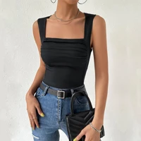 Women's Ribbed Square Neck Short Sleeve Top Slim Fit Cotton Blend Casual Lightweight Breathable Everyday Wear All Seasons Solid Color Comfortable Soft — view 2