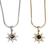 Stainless Steel Sun Pendant Necklace with Tiger Eye Stone, Retro Style — view 5